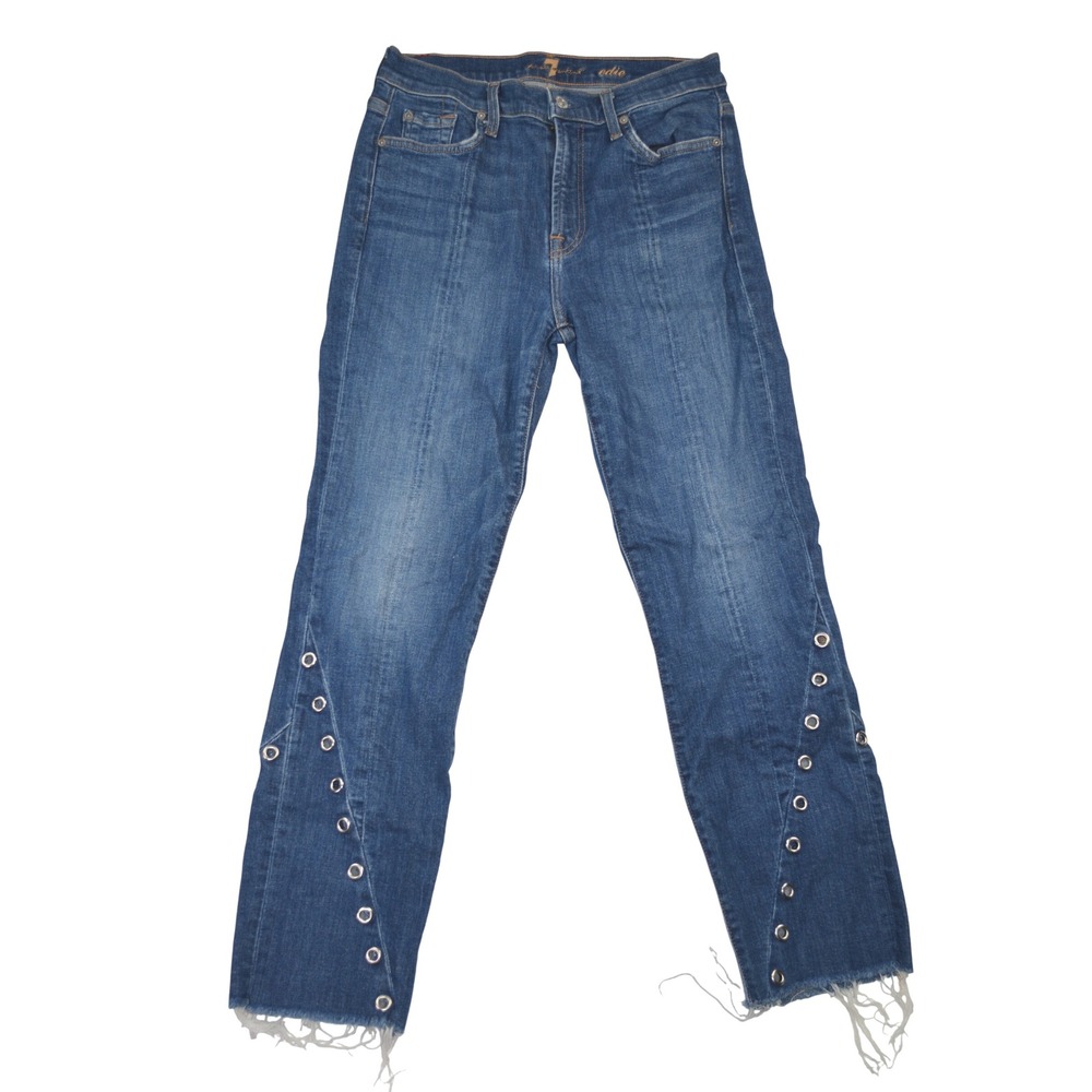 7 For All Mankind Edie Jeans Womens Size 29 Blue Eyelet Grommet Raw Hem‎